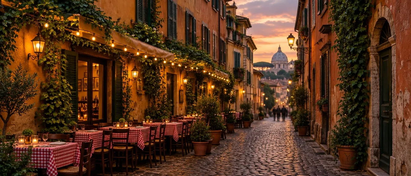 Una via di Roma al tramonto con i tavoli all'aperto di una trattoria